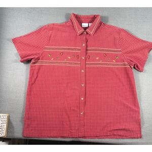 Bobbie Brooks Womens 22W 24W Red Gingham Embroidered Button Shirt Cottagecore